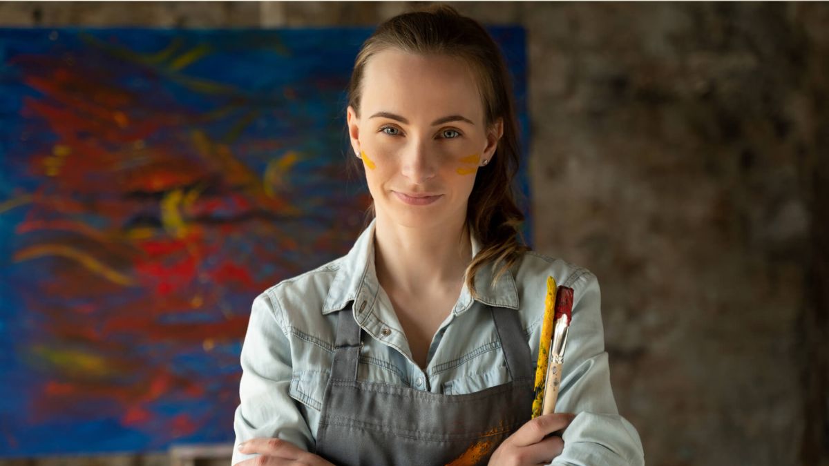 Female Artist Posing Next To Painting On Easel MSN
