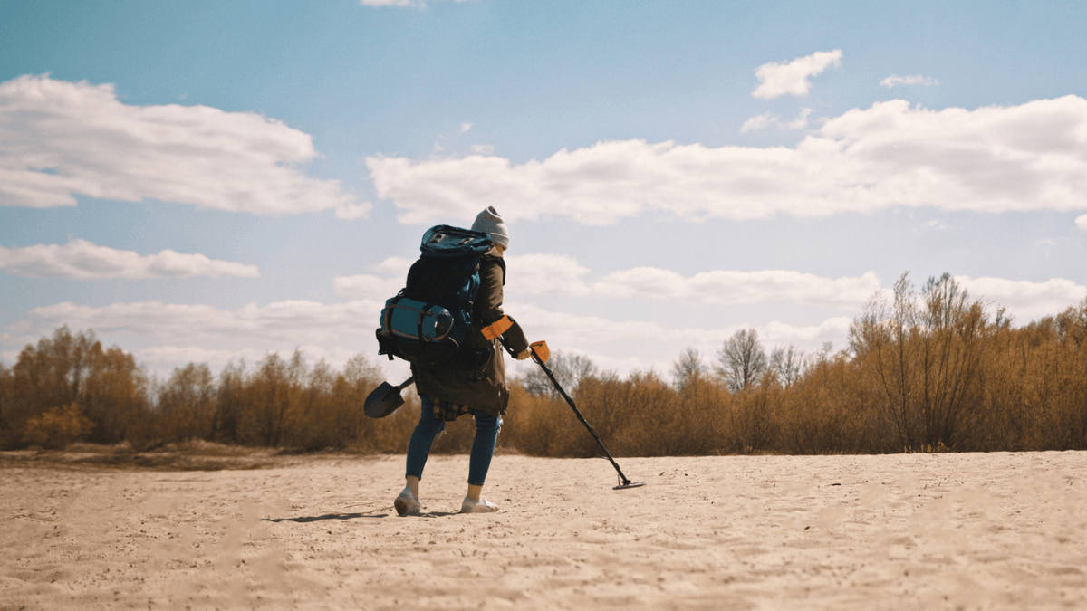 Woman on Beach Sand Looking for Gold with Metal Detector MSN
