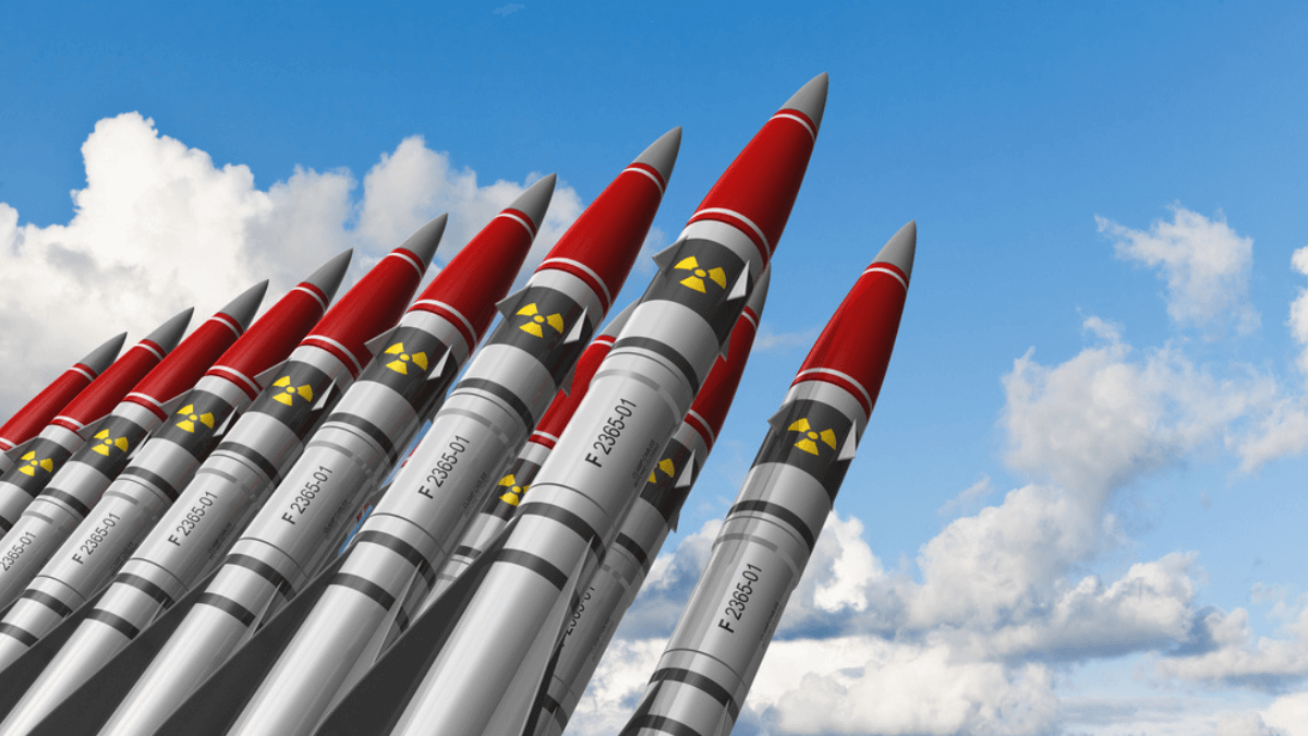 A row of nuclear missiles against blue sky MSN
