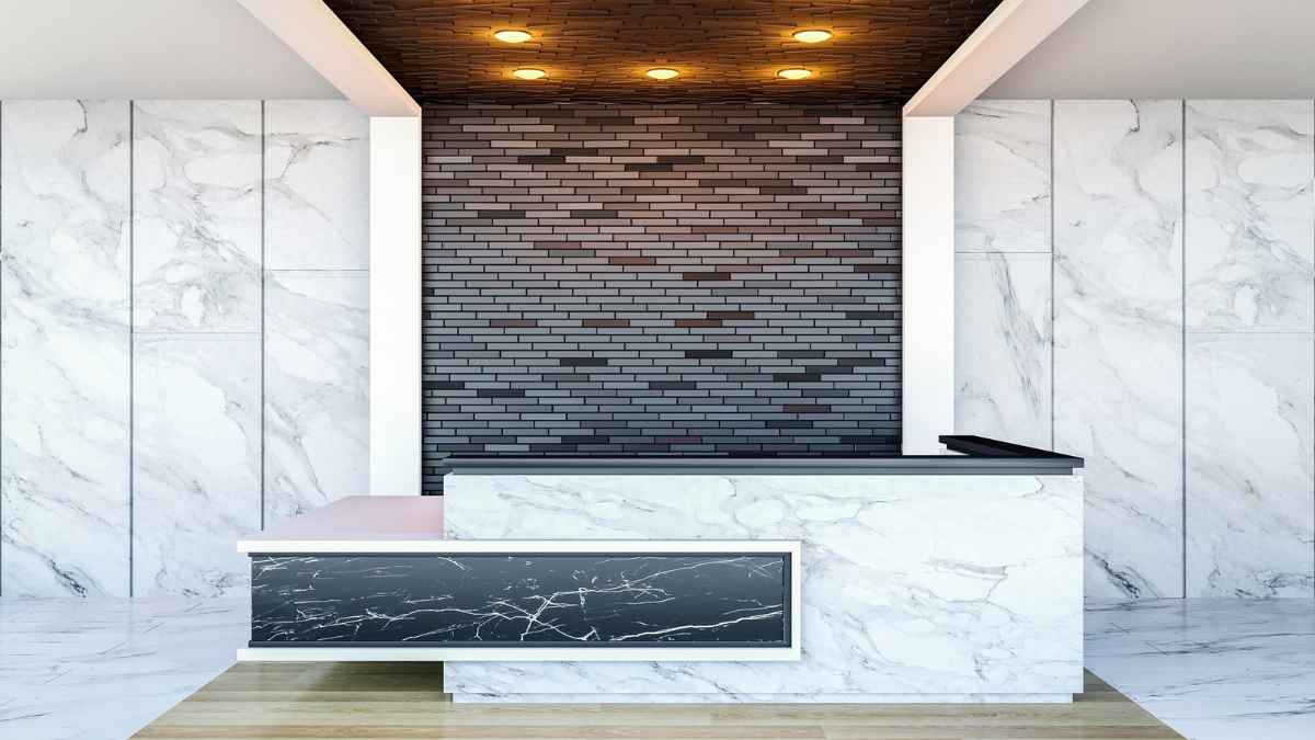 A reception desk in a room MSN.