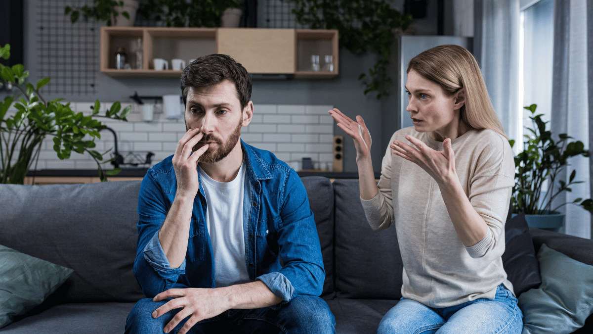 Man listening to the woman complaining angry fight