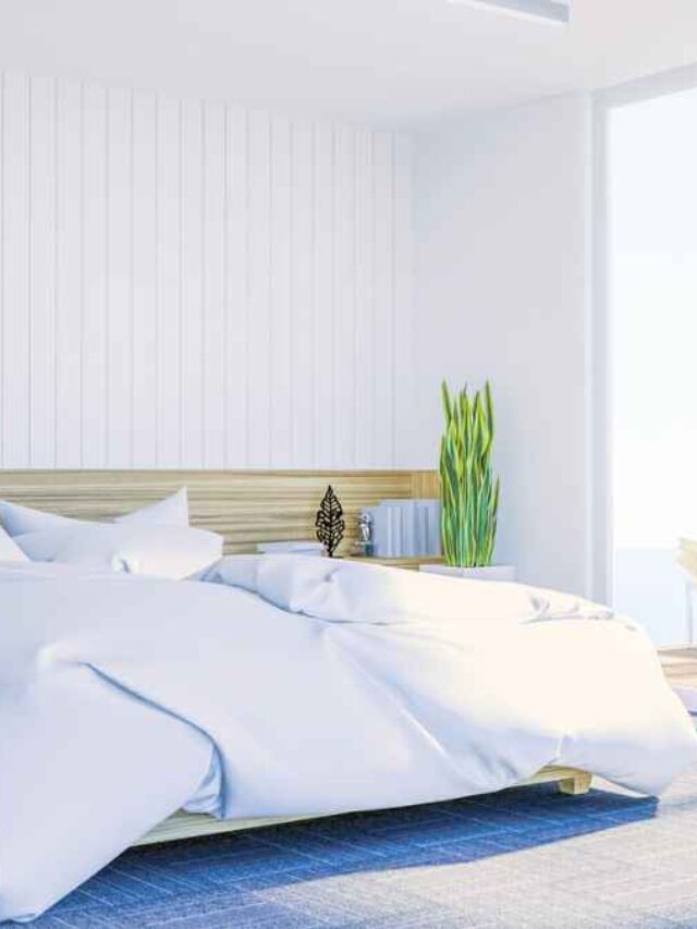 White modern contemporary bedroom interior.