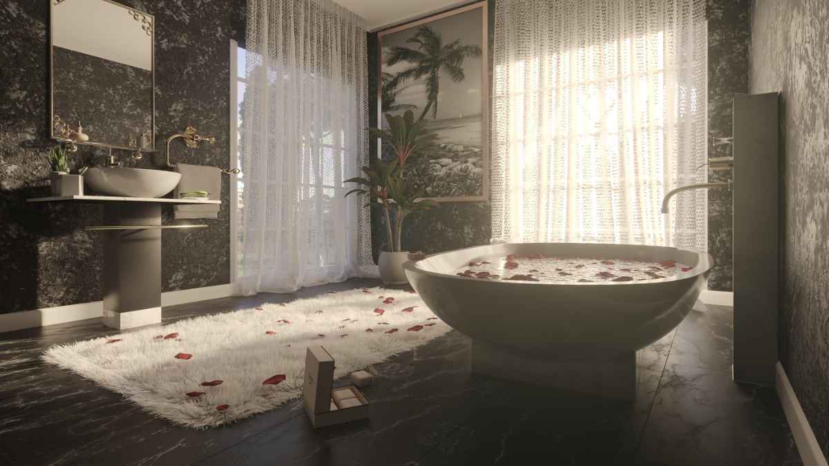 3D rendering of the bathroom interior bathtub with flower petals MSN.